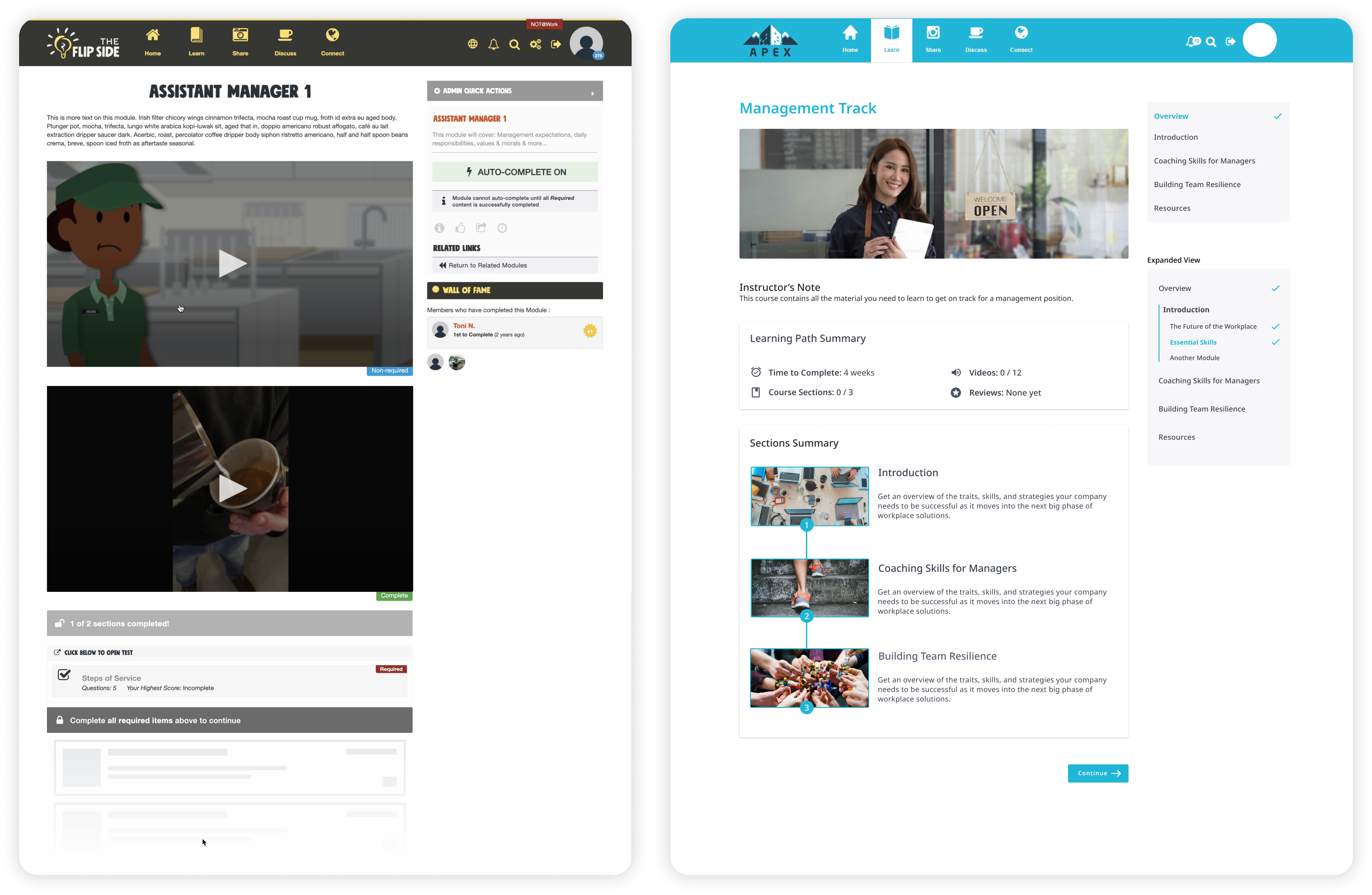 Screenshots showcasing the pre-redesign learner tool course content page and an early draft of the new learner experience landing page.